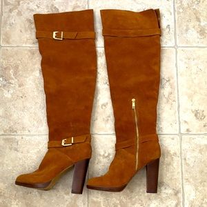 Suede over the knee cognac brown heeled boots